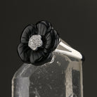Sterling Silver Carved Onyx Flower Ring with Natural Diamonds | Online Sale $50 - David's Antiques & Jewelry
