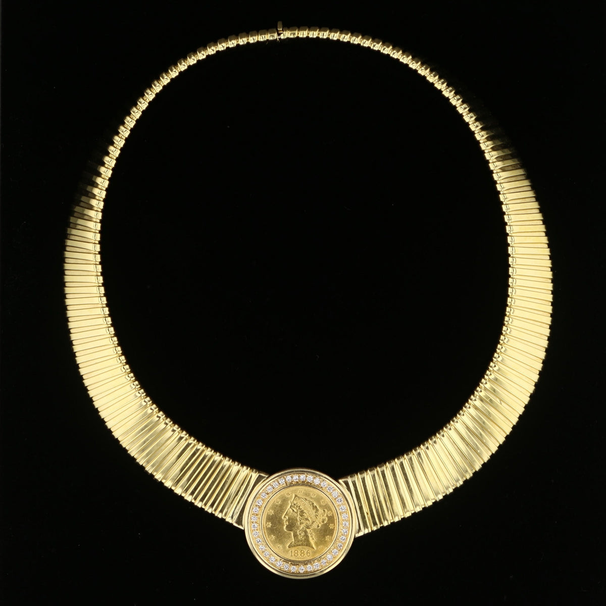 Vintage 18K Yellow Gold 1880 $5 Liberty Coin Diamond Choker Necklace