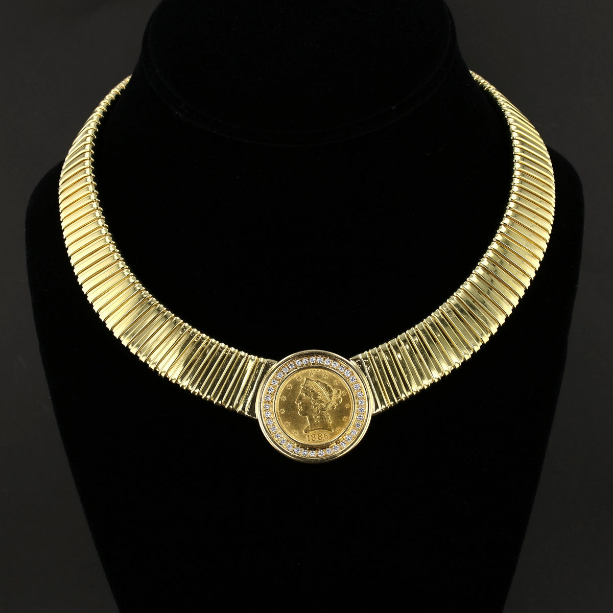 Vintage 18K Yellow Gold 1880 $5 Liberty Coin Diamond Choker Necklace