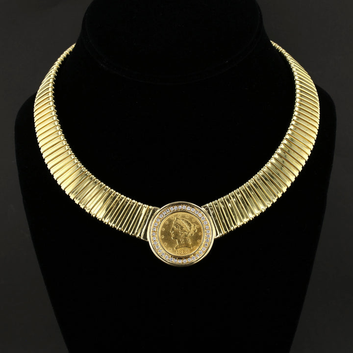 Vintage 18K Yellow Gold 1880 $5 Liberty Coin Diamond Choker Necklace