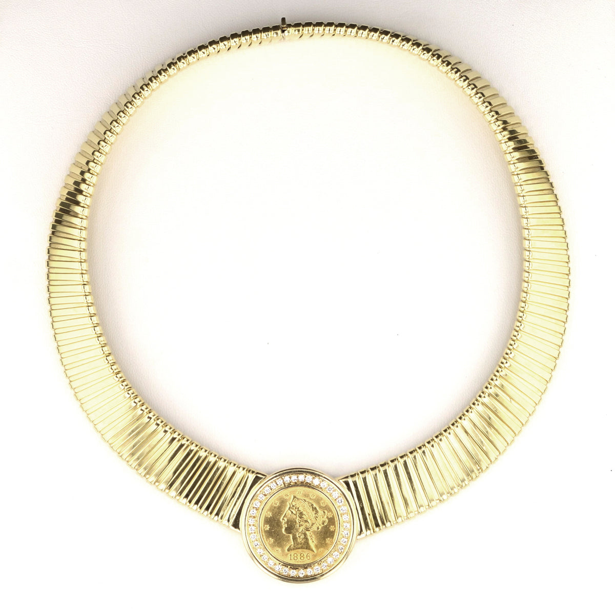 Vintage 18K Yellow Gold 1880 $5 Liberty Coin Diamond Choker Necklace