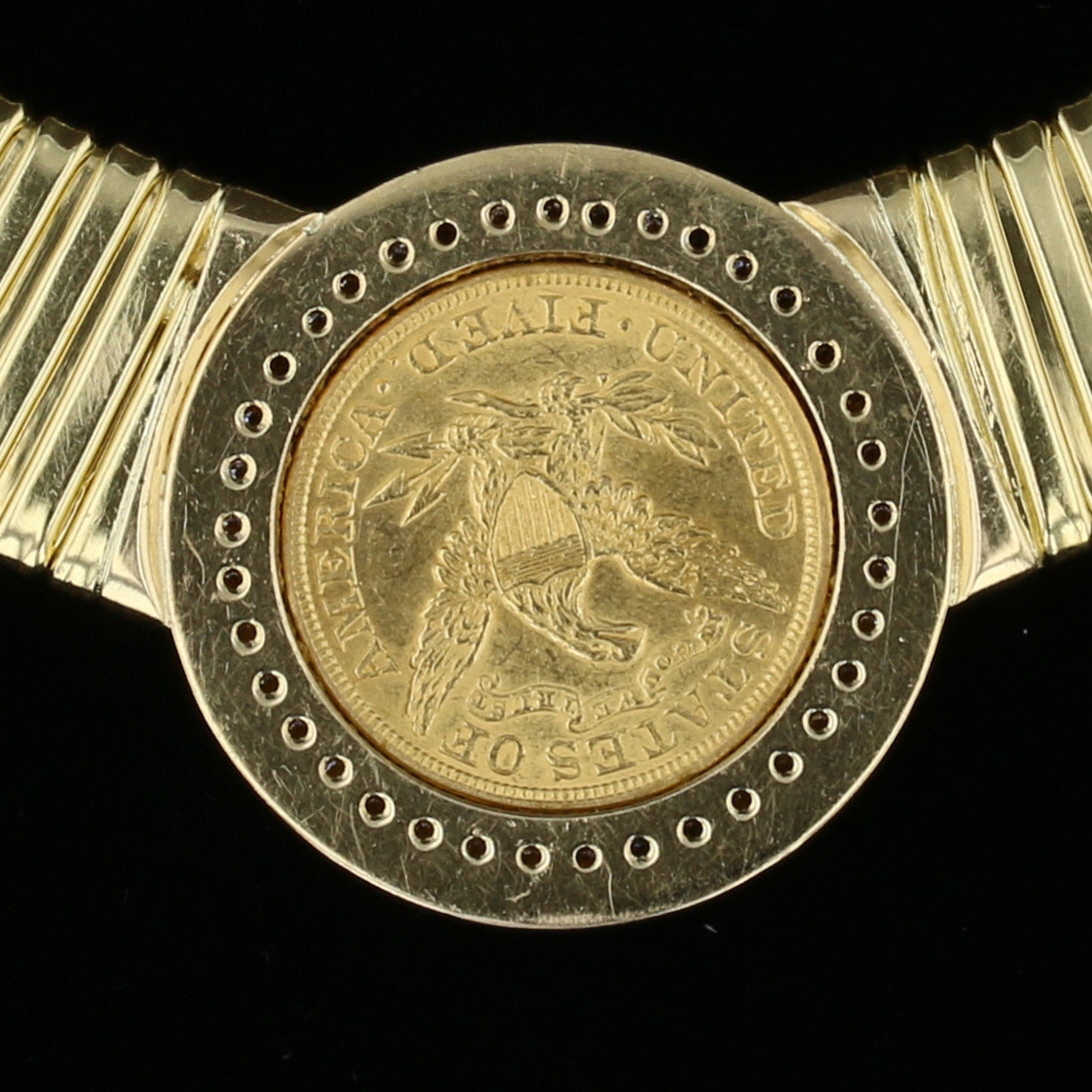 Vintage 18K Yellow Gold 1880 $5 Liberty Coin Diamond Choker Necklace