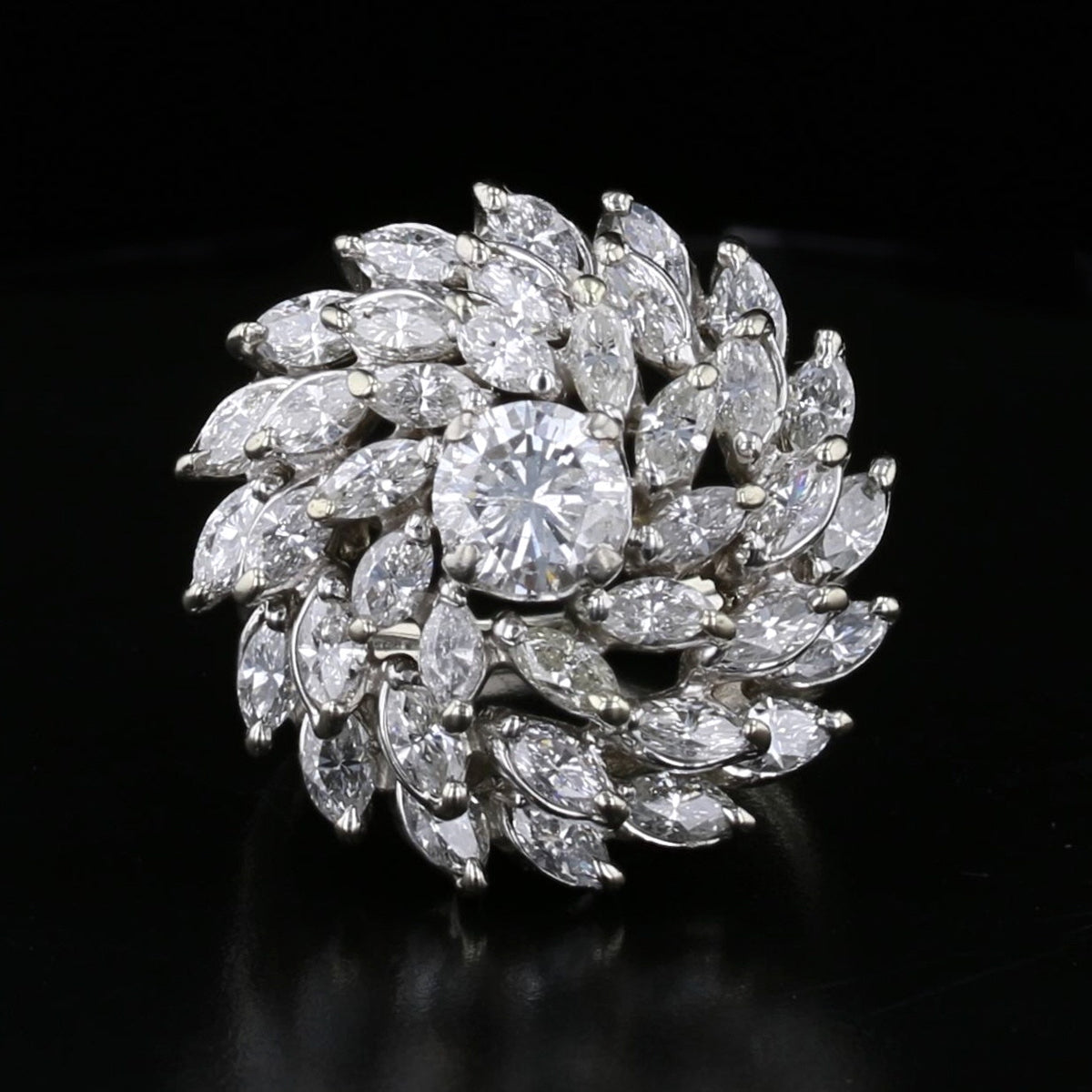 Vintage 18K White Gold Diamond Cluster Dome Ring - 3.80 Carat Marquise & Round Diamonds