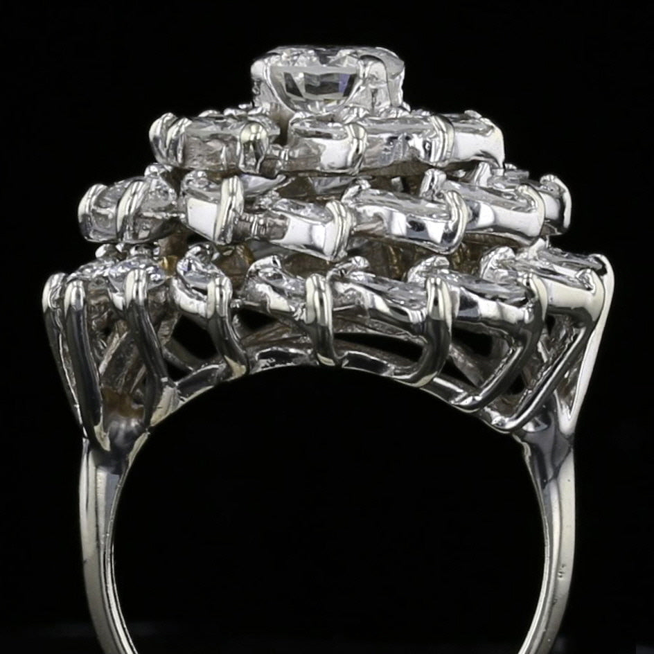 Vintage 18K White Gold Diamond Cluster Dome Ring - 3.80 Carat Marquise & Round Diamonds