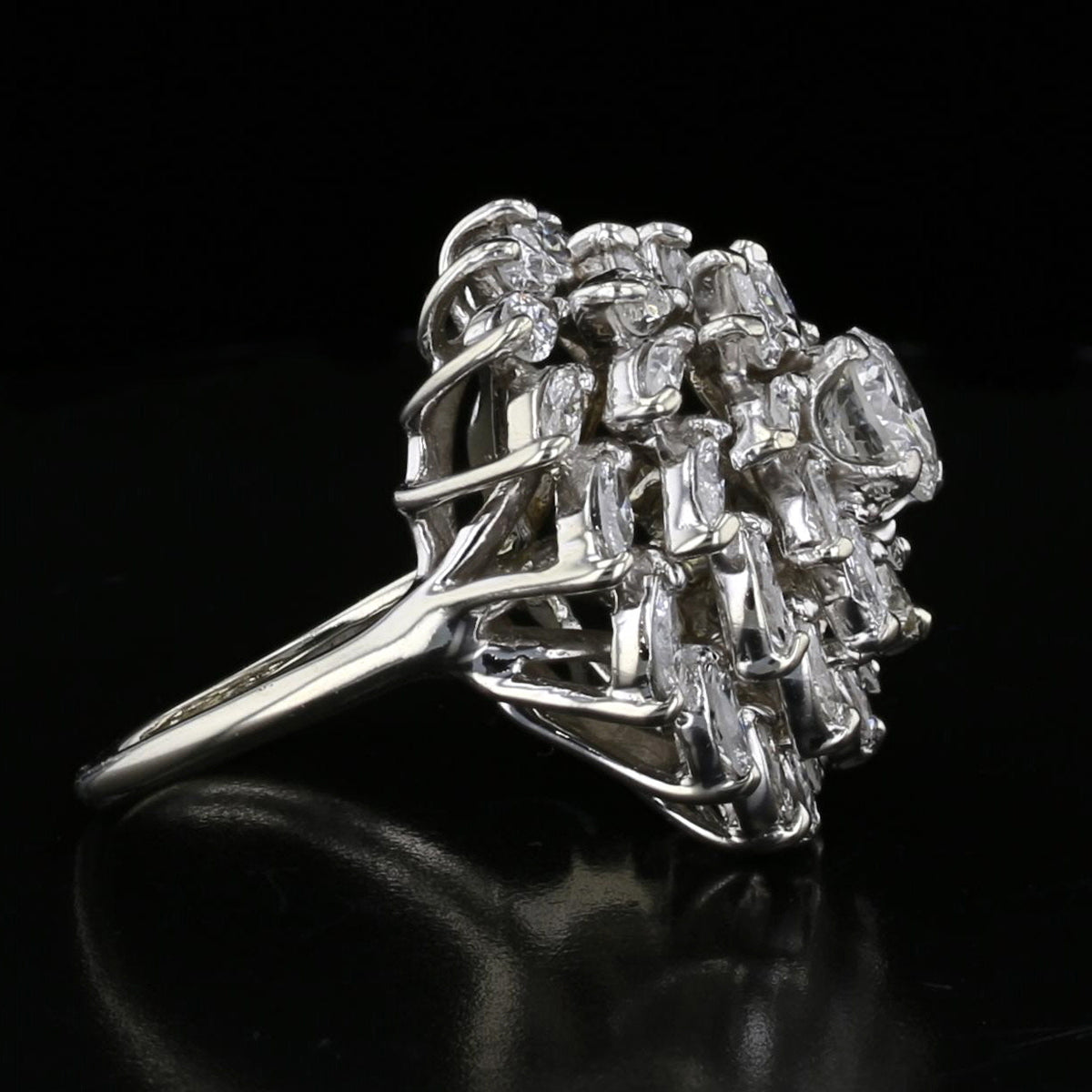Vintage 18K White Gold Diamond Cluster Dome Ring - 3.80 Carat Marquise & Round Diamonds
