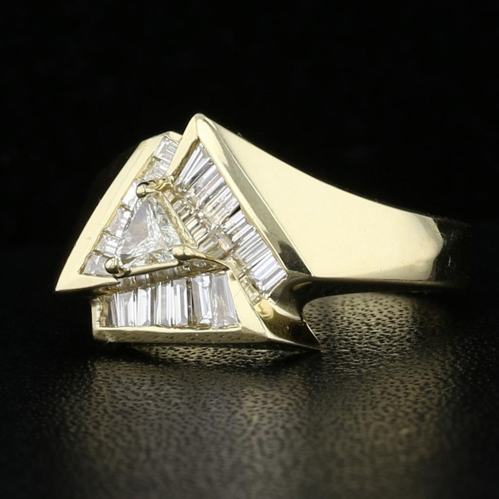 Trillion Diamond Ring 14K Yellow Gold Baguette Diamond Halo Geometric Design Size 6.5