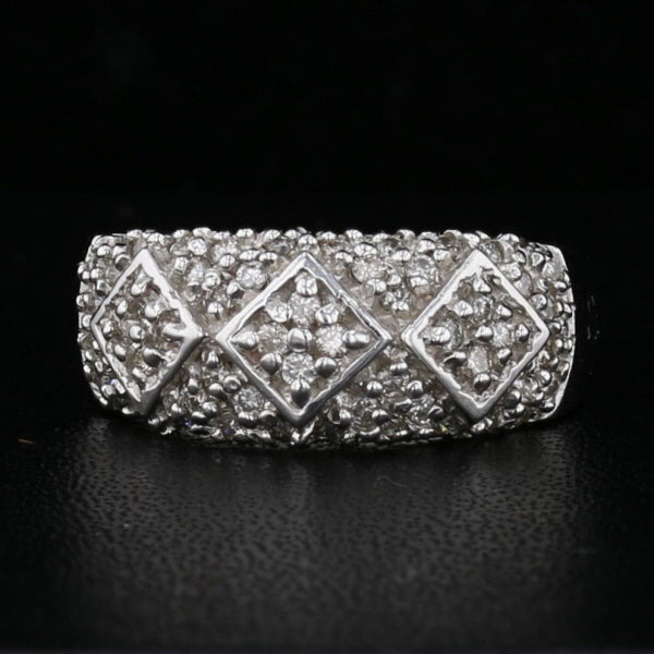 Diamond Band Ring 14K White Gold Geometric Pattern Pave Setting Round Diamonds Size 6.5