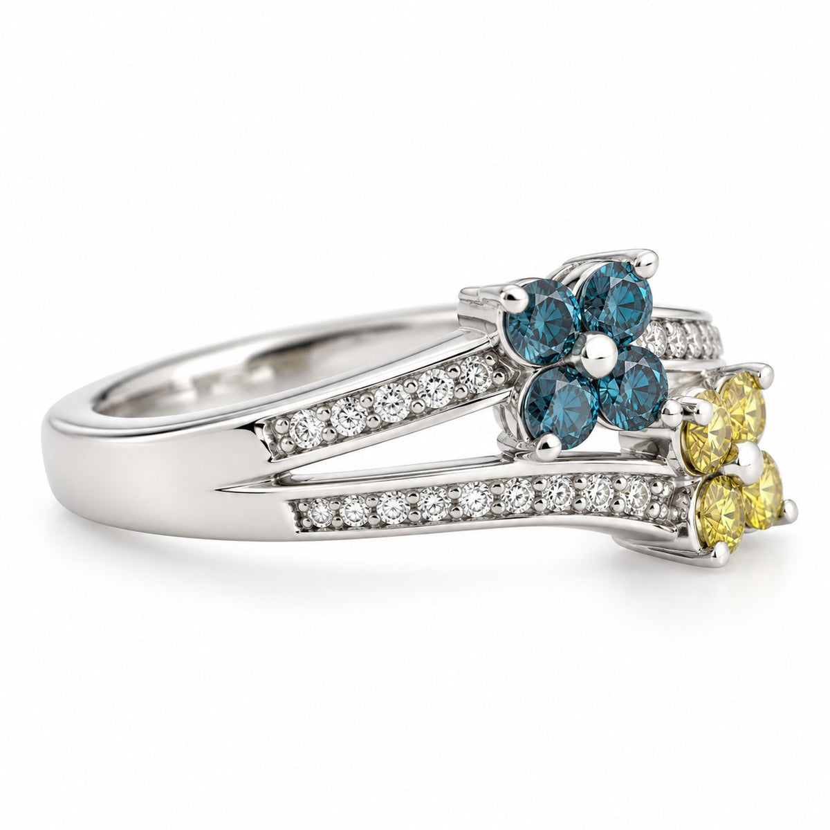 14K White Gold Blue & Yellow Diamond Double Flower Ring, Size 6 894320 — second view