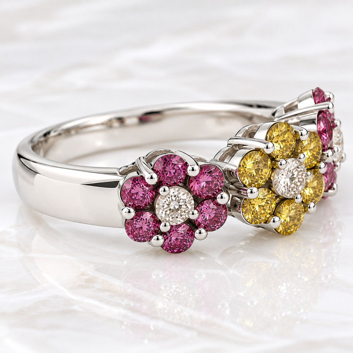 14K White Gold Pink & Yellow Diamond Three-Flower Ring, Size 7 894326 — second view