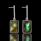 Sterling silver bar drop earrings with rectangular labradorite showing green and blue flash. Item 894619.