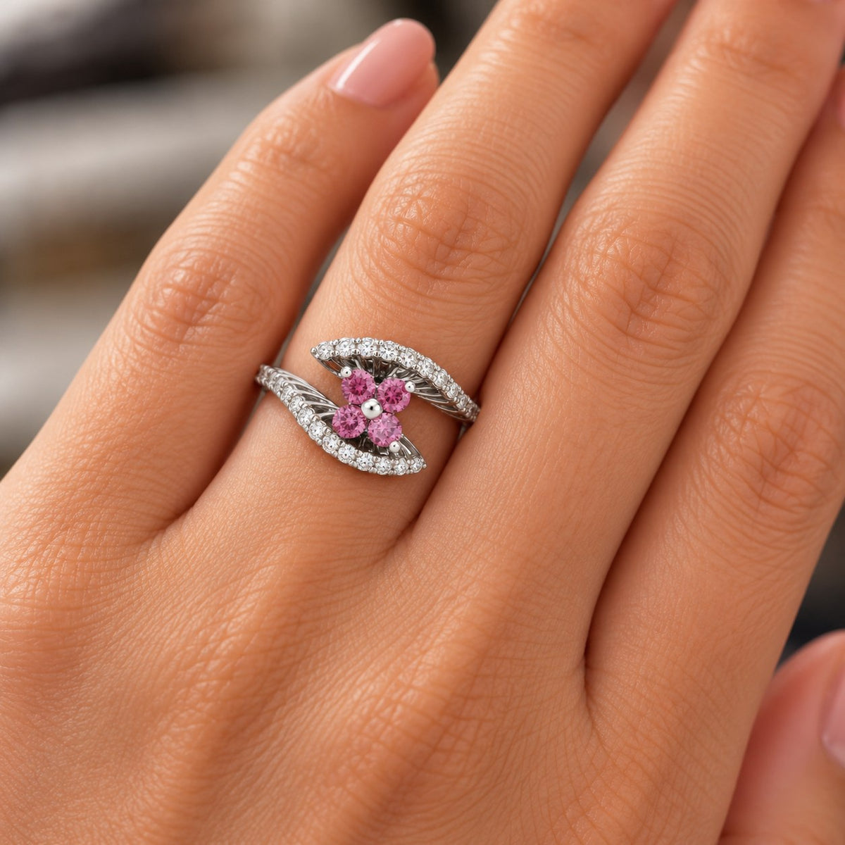14K White Gold Pink Diamond Flower Swirl Ring 894641 — fourth view