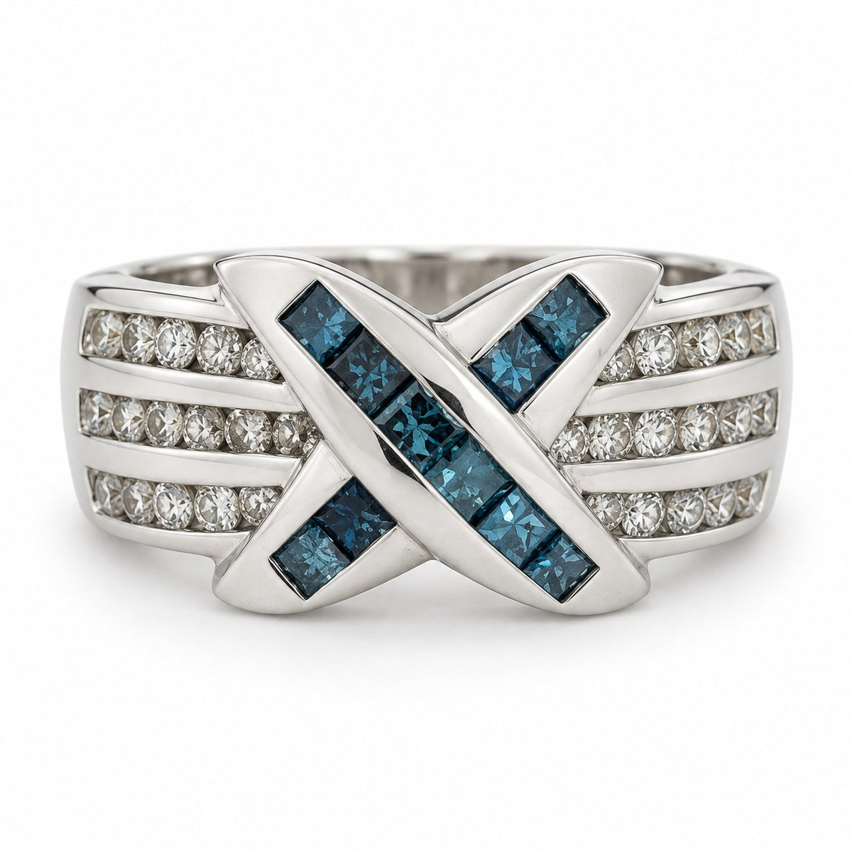 14K White Gold Invisible-Set Blue Diamond X Ring 894691 — main view