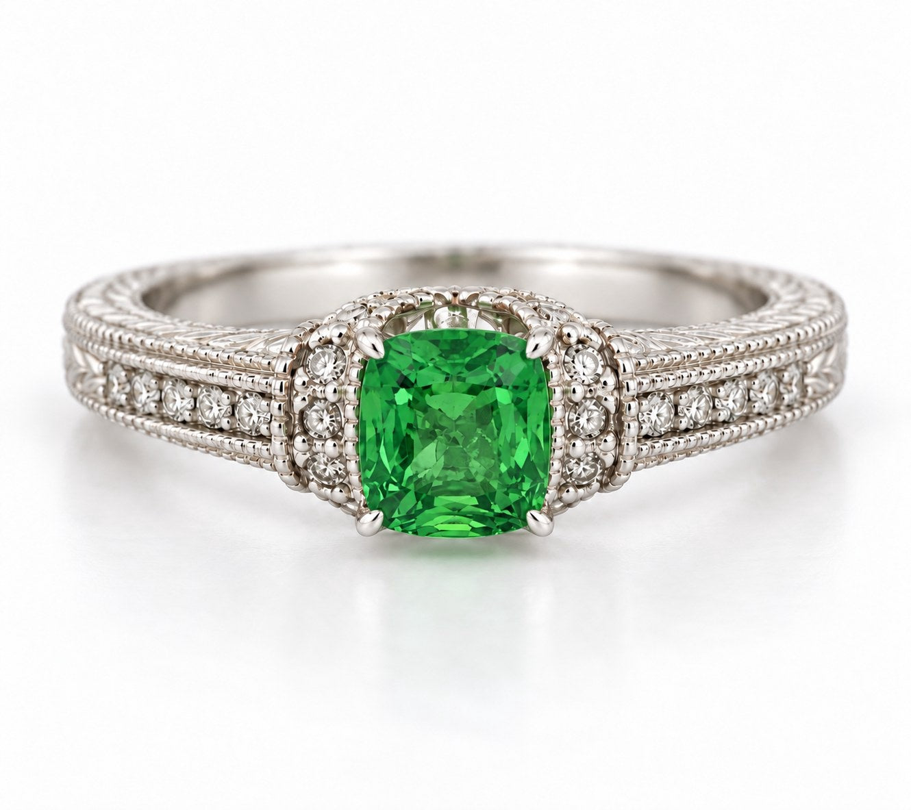 14K White Gold Cushion Tsavorite & Diamond Ring, Engraved Band 894758 — main view