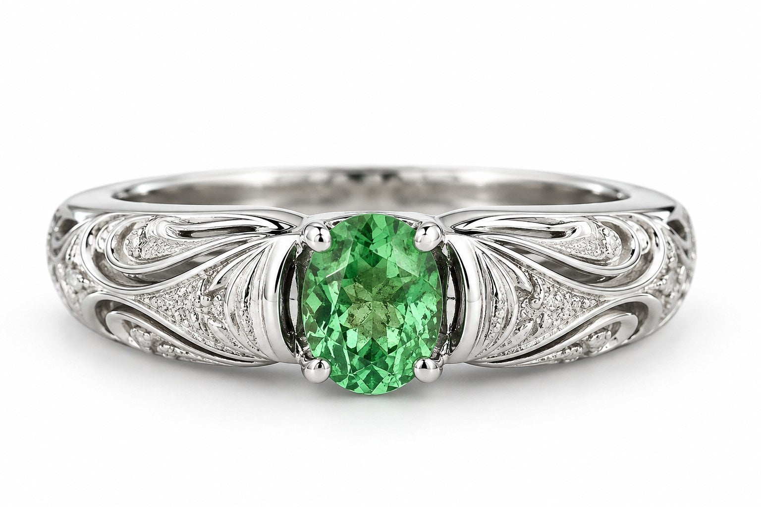 14K White Gold Oval Tsavorite & Diamond Filigree Ring 894760 — main view