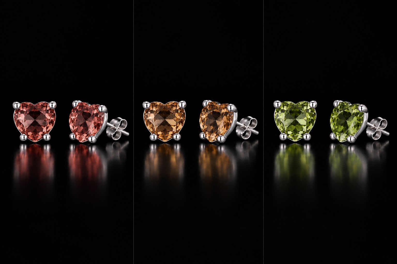 All three colors of the one pair of VooDooStone heart-cut studs side by side: purplish-pink daylight, golden amber incandescent, peridot green fluorescent. Item 894788.