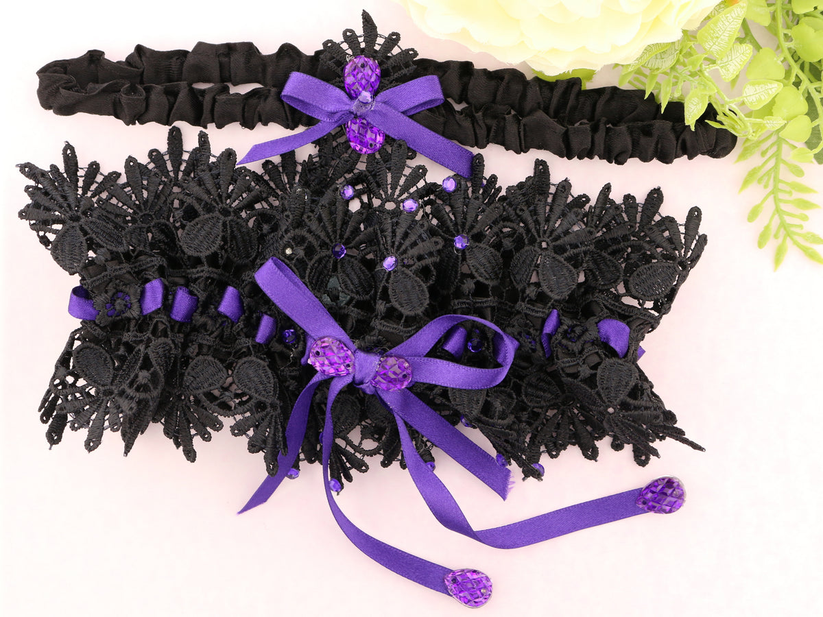 Belladonna: Guipure Black Lace Garter with Luscious Purple Satin Ribbon