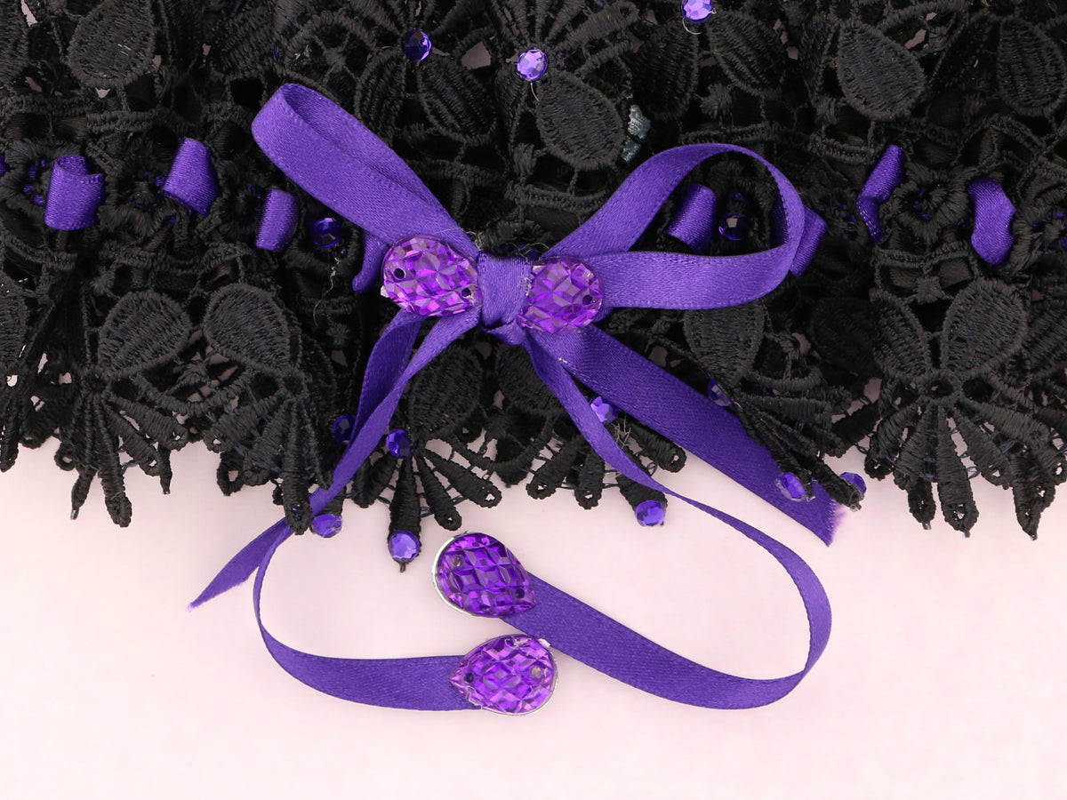 Belladonna: Guipure Black Lace Garter with Luscious Purple Satin Ribbon