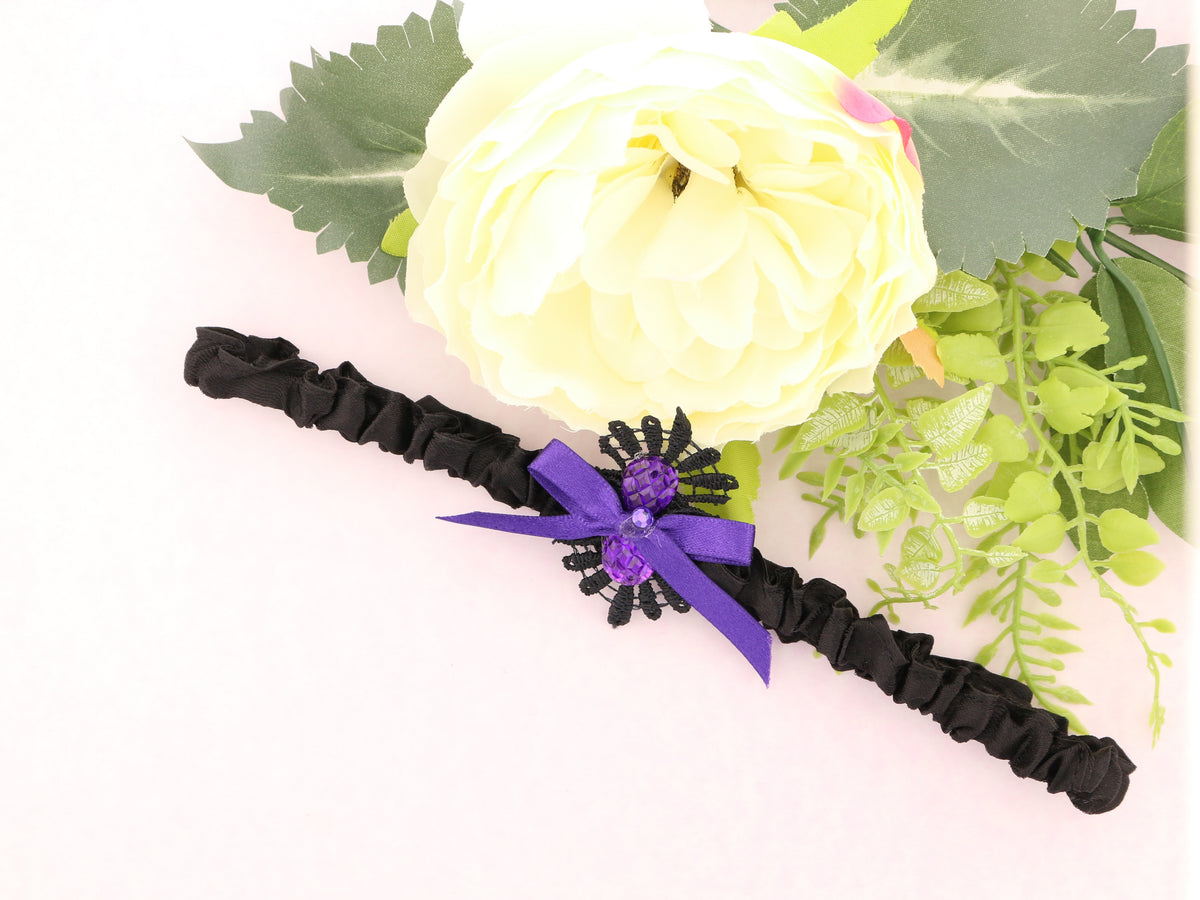 Belladonna: Guipure Black Lace Garter with Luscious Purple Satin Ribbon