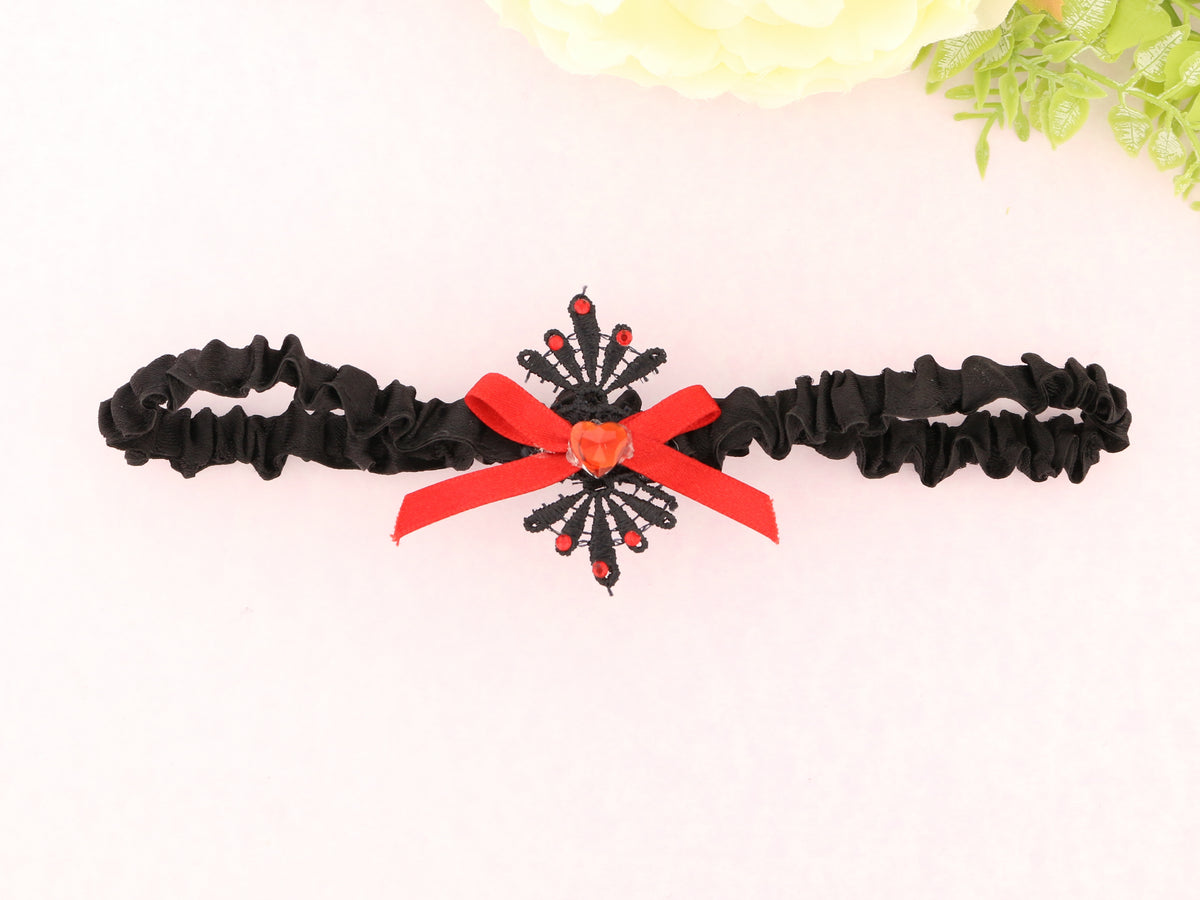 Black Guipure Lace Garter with Red Satin Ribbon