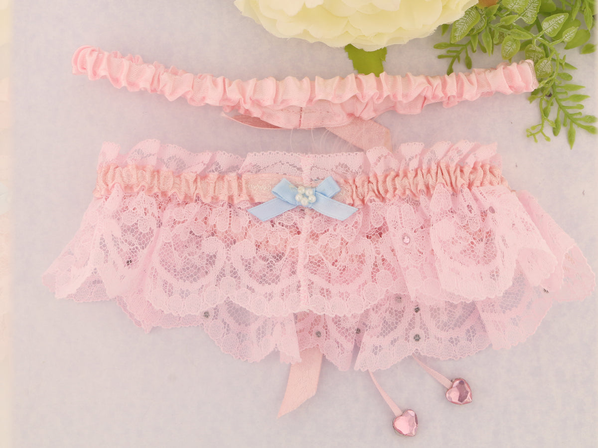 Lovers Knot Crystal Pink Nottingham Lace Bridal Garter