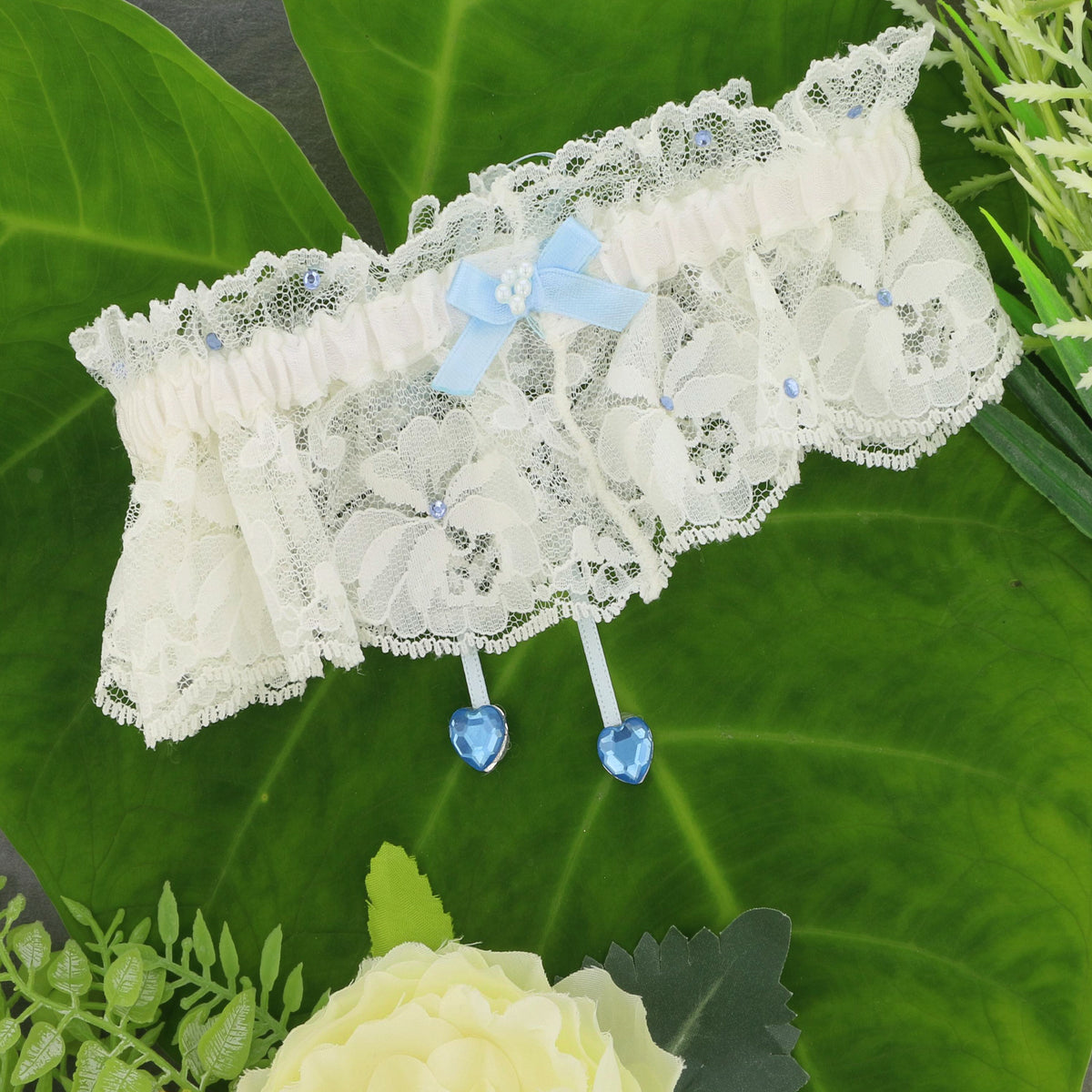 Something Blue' Voile Garter with Silver Trim in Cream| Handmade in England