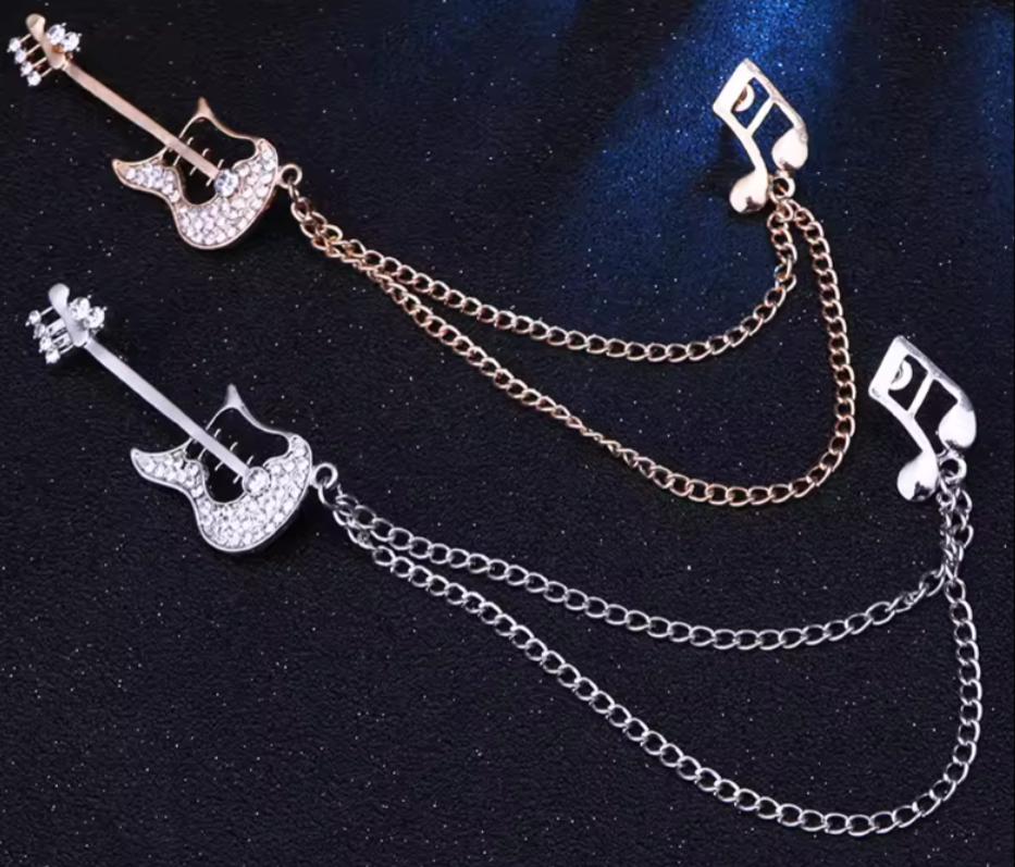 Guitar Lapel Pin with Chain Silver/Gold