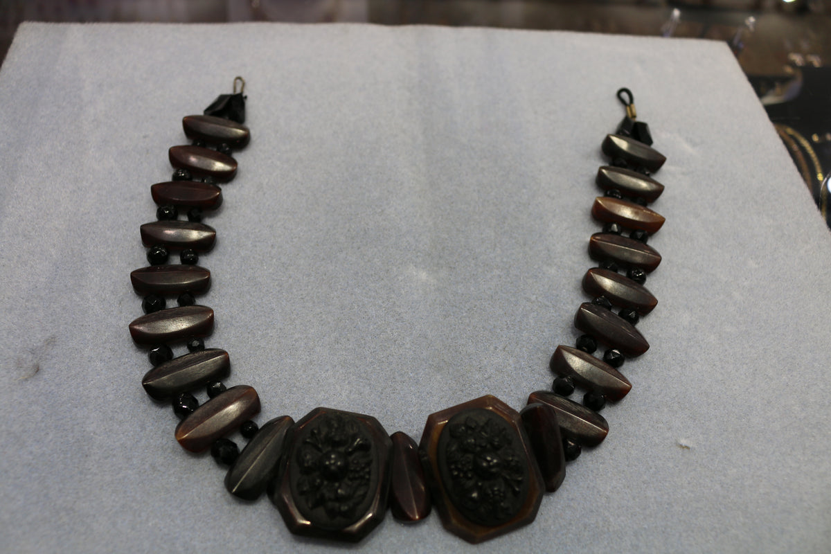 Antique Gutta Percha & Whitby Jet Cameo, French Jet Beads Necklace