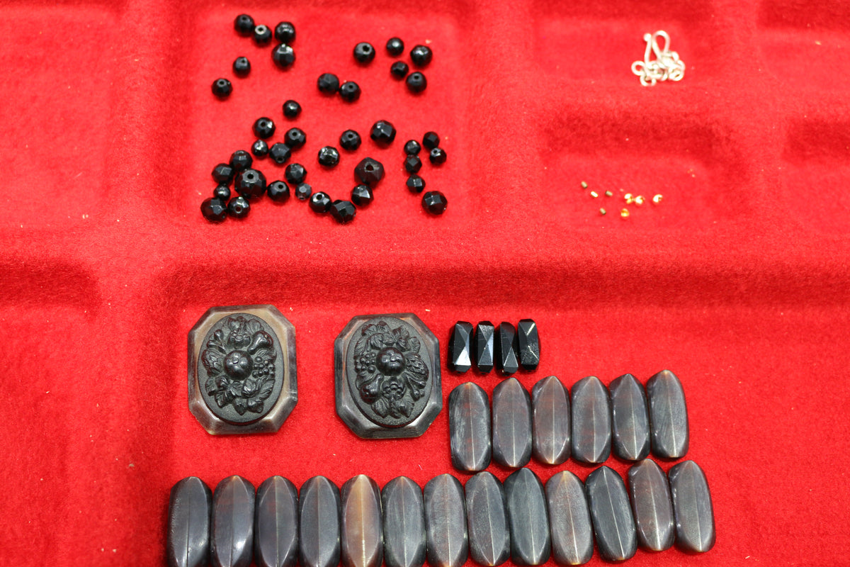 Antique Gutta Percha & Whitby Jet Cameo, French Jet Beads Necklace