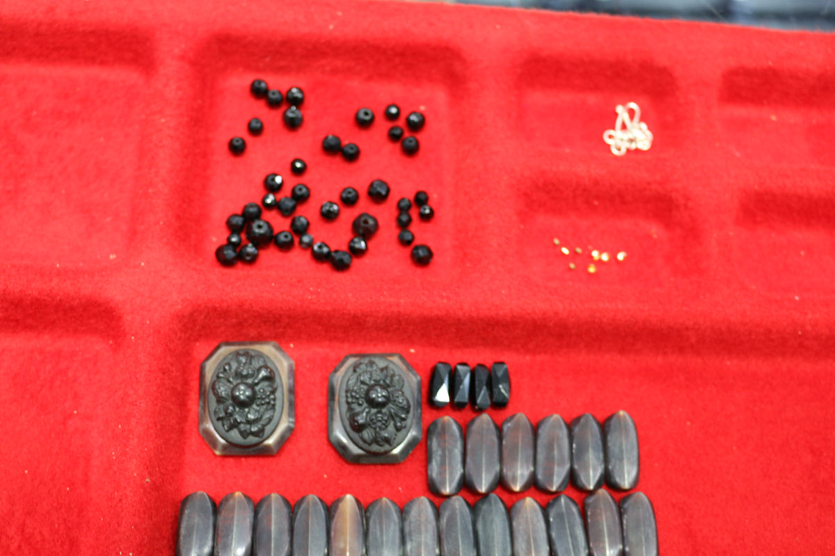 Antique Gutta Percha & Whitby Jet Cameo, French Jet Beads Necklace