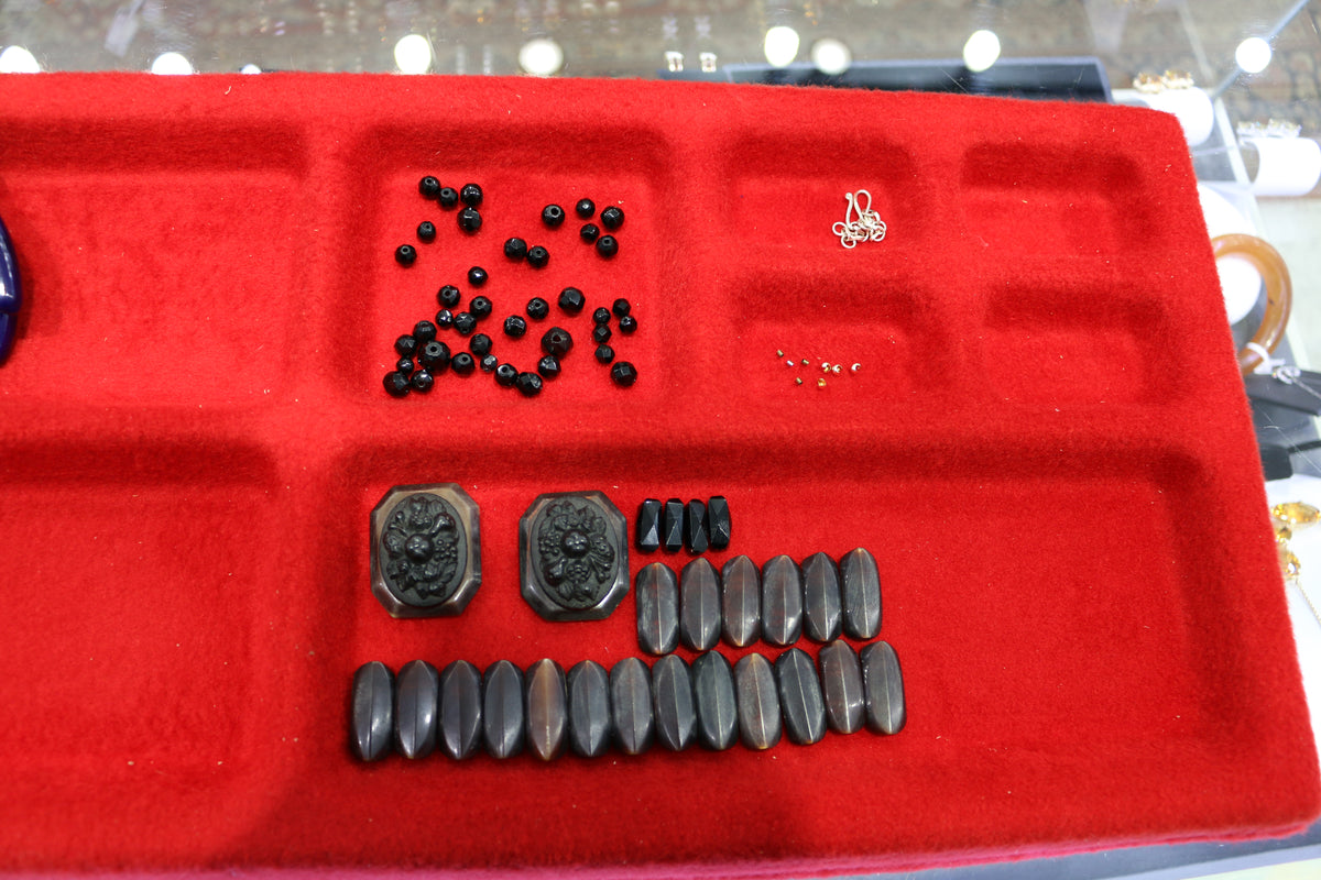 Antique Gutta Percha & Whitby Jet Cameo, French Jet Beads Necklace