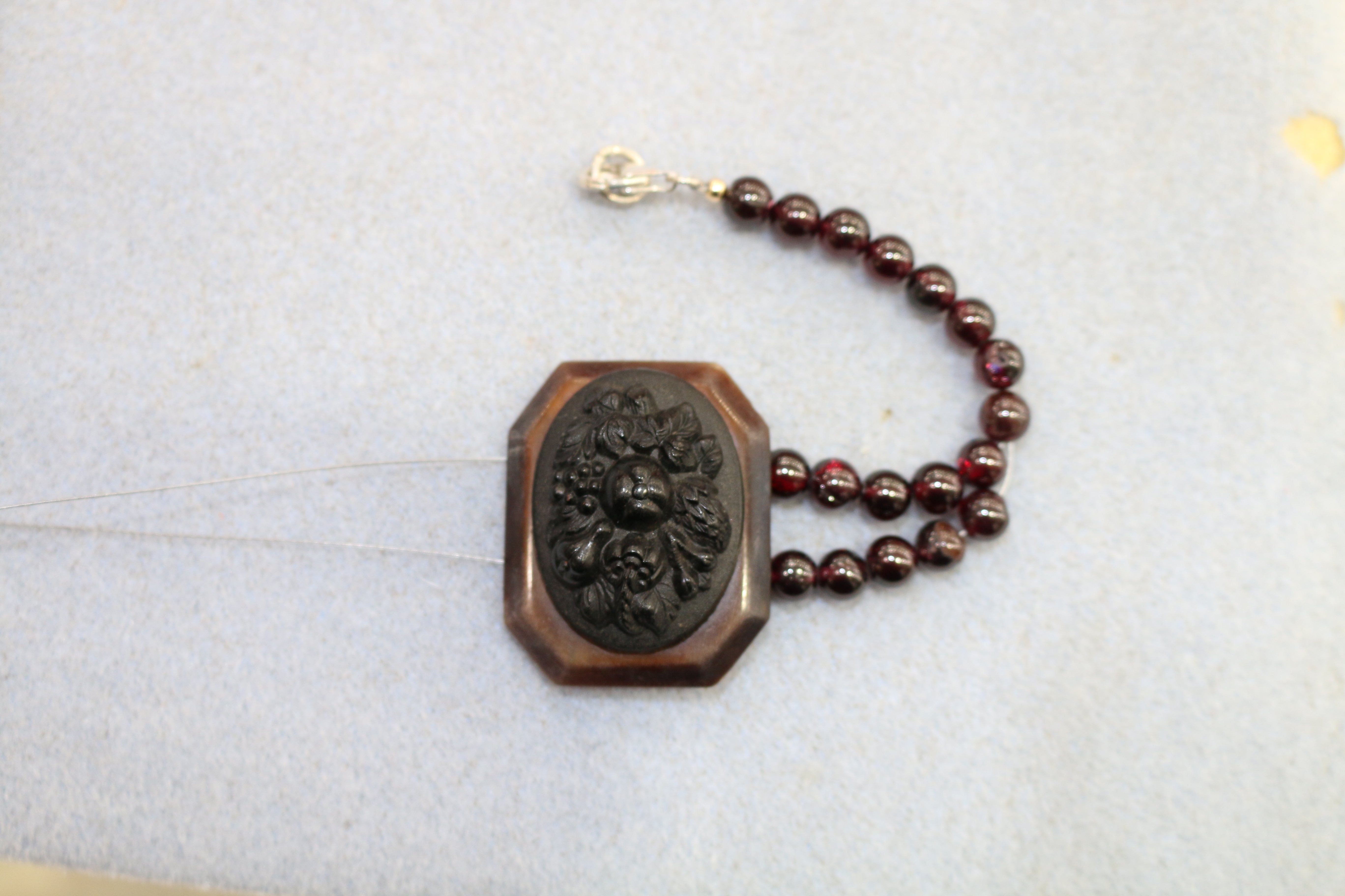 Antique Gutta Percha & Whitby Jet Cameo, French Jet Beads Necklace - David's Antiques & Jewelry