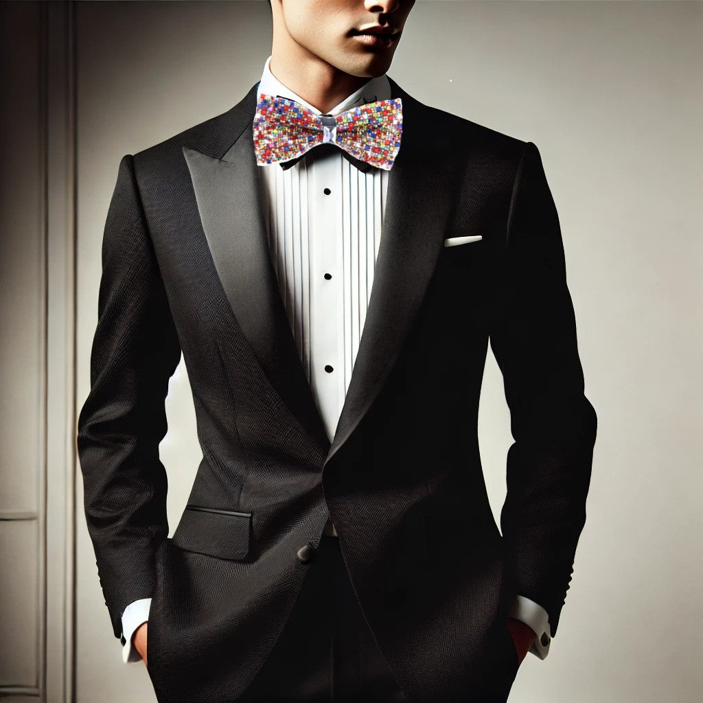 Silver Square Patterned Crystal Glam Bow Tie