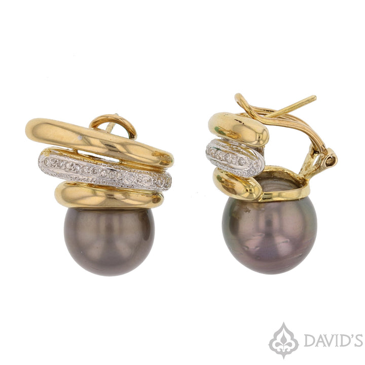14K Yellow Gold Diamond and Tahitian Pearl Earrings