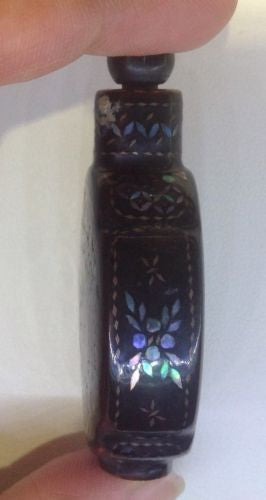 Chinese Lac Burgaute Snuff Bottle – Mother of Pearl Inlay with Horn Top
