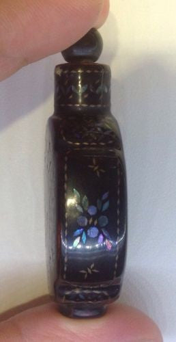 Chinese Lac Burgaute Snuff Bottle – Mother of Pearl Inlay with Horn Top