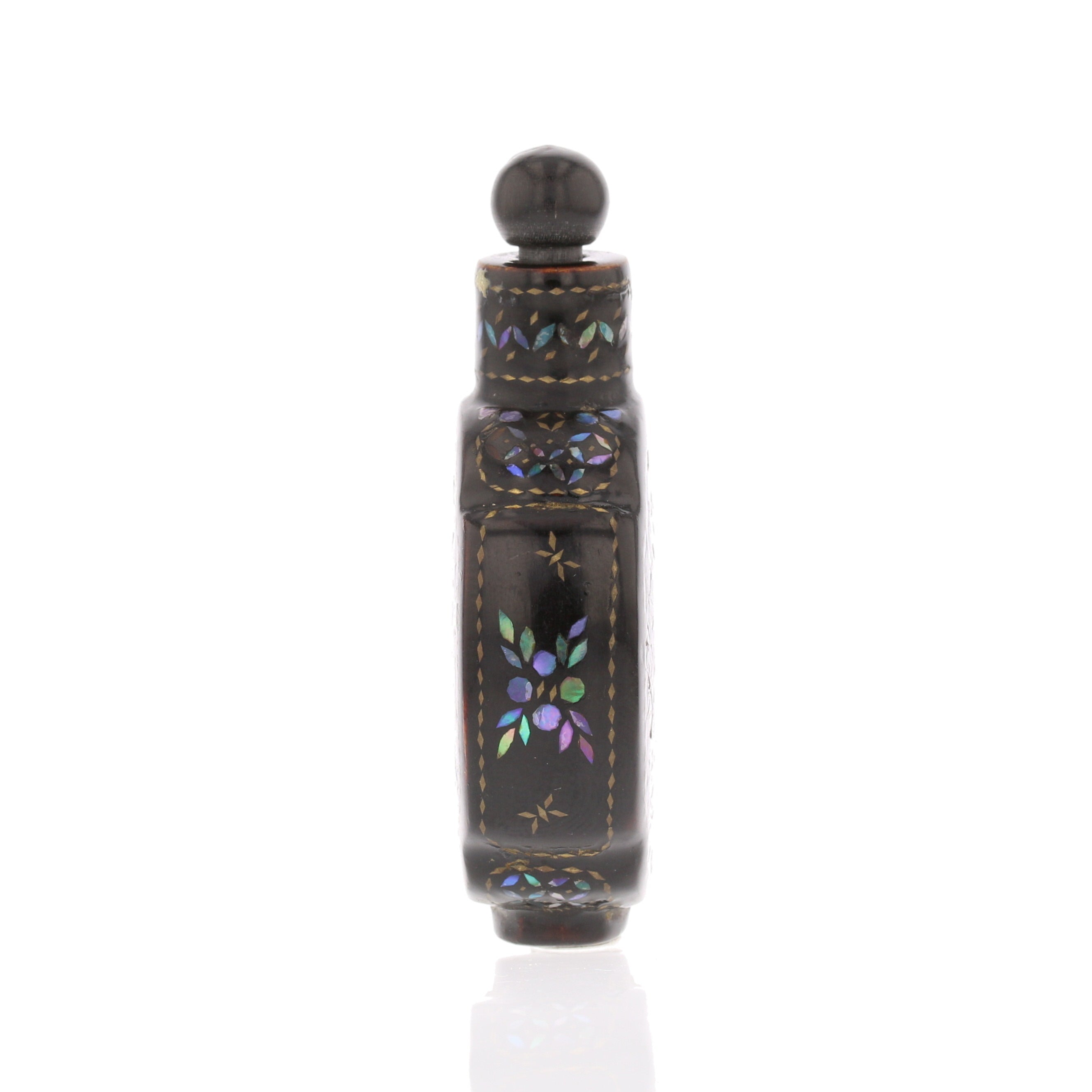 Chinese Lac Burgaute Snuff Bottle – Mother of Pearl Inlay with Horn Top - David's Antiques & Jewelry