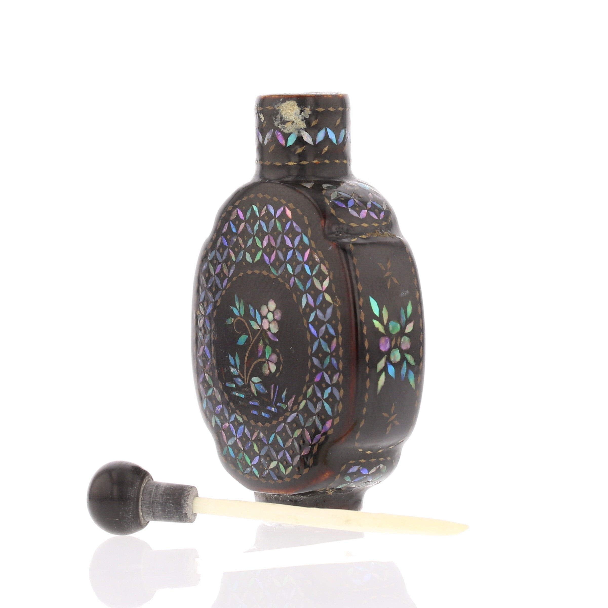 Chinese Lac Burgaute Snuff Bottle – Mother of Pearl Inlay with Horn Top - David's Antiques & Jewelry