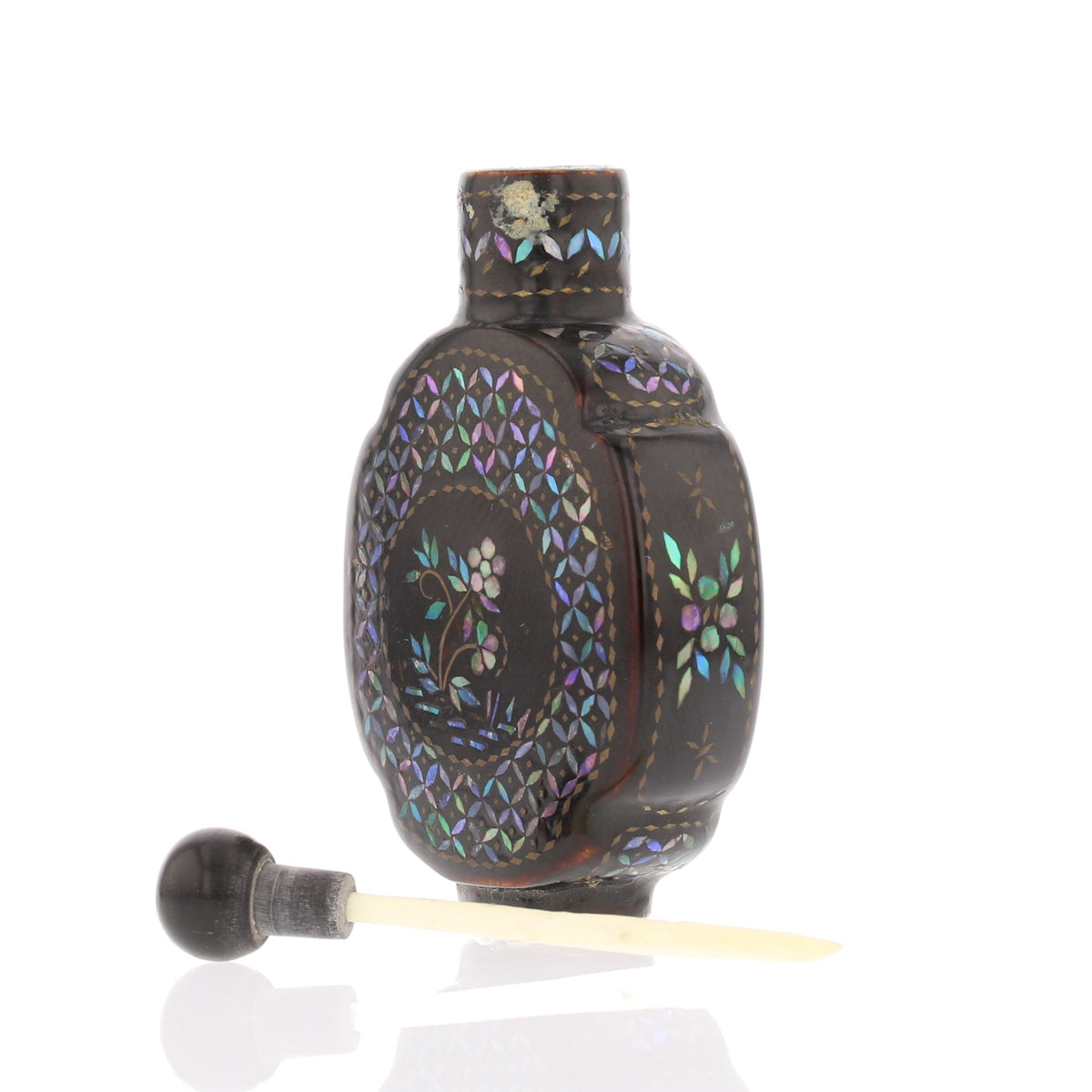 Chinese Lac Burgaute Snuff Bottle – Mother of Pearl Inlay with Horn Top