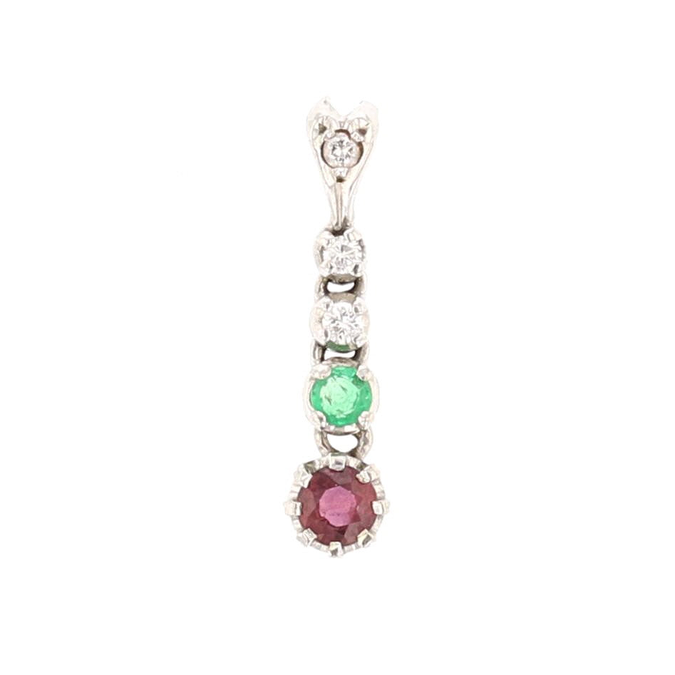White Gold Diamond, Red Ruby and Green Emerald Pendant