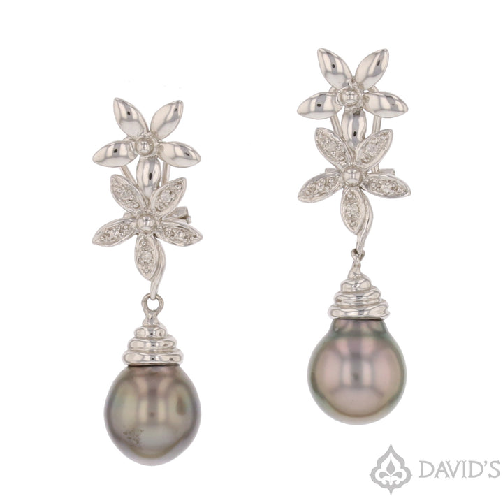14K White Gold Tahitian Pearl & Diamond Earrings