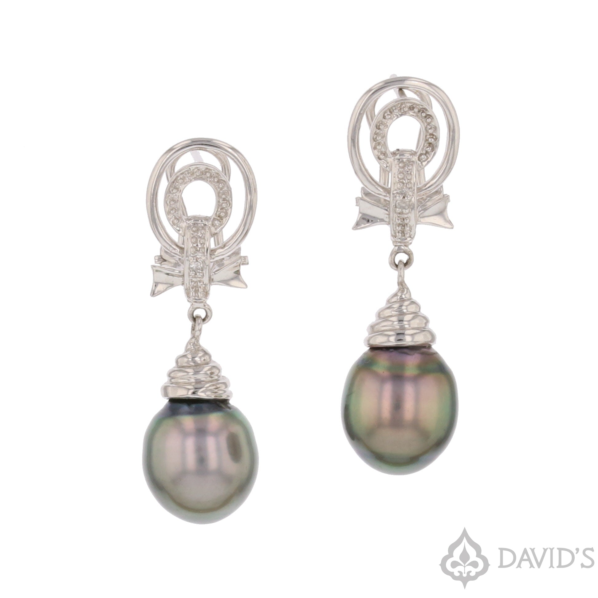 14K White Gold Tahitian Pearl & Diamond Earrings - David's Antiques & Jewelry