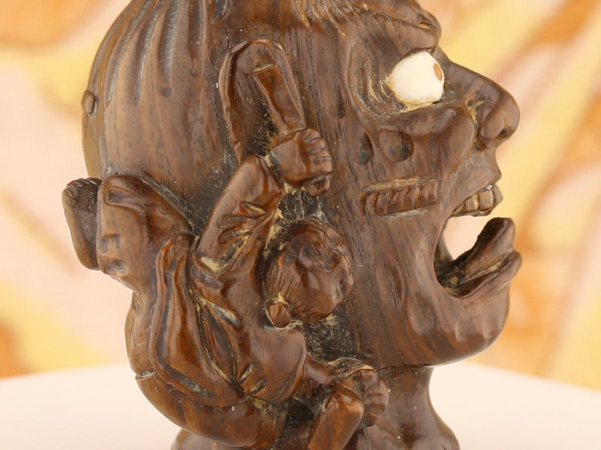 C1950 Wooden Netsuke: Colossal Monster & Climbing Man