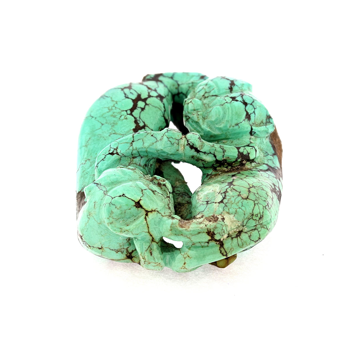 C1920s Turquoise Stone Netsuke with Circling Foo Dogs