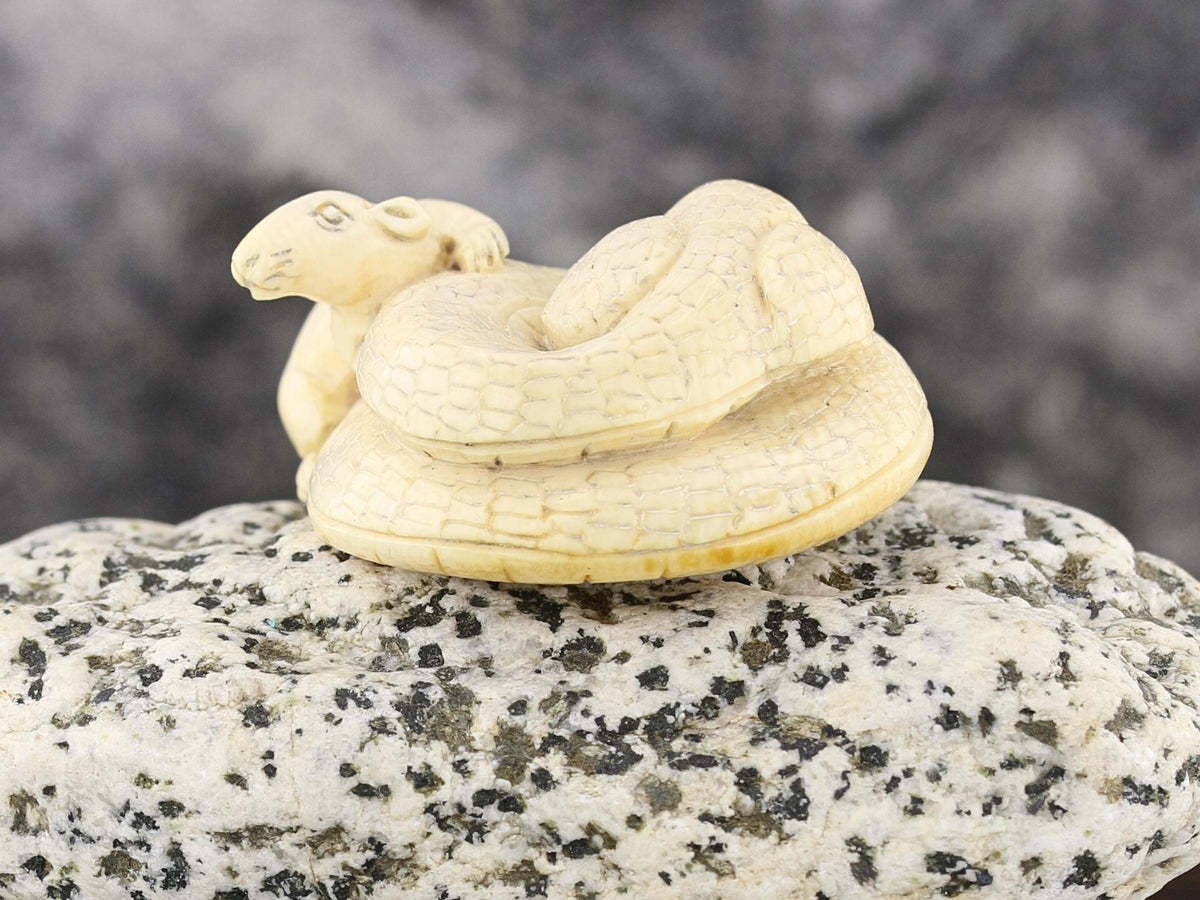 1950s Ivory Netsuke: Snake & Rat in Harmony