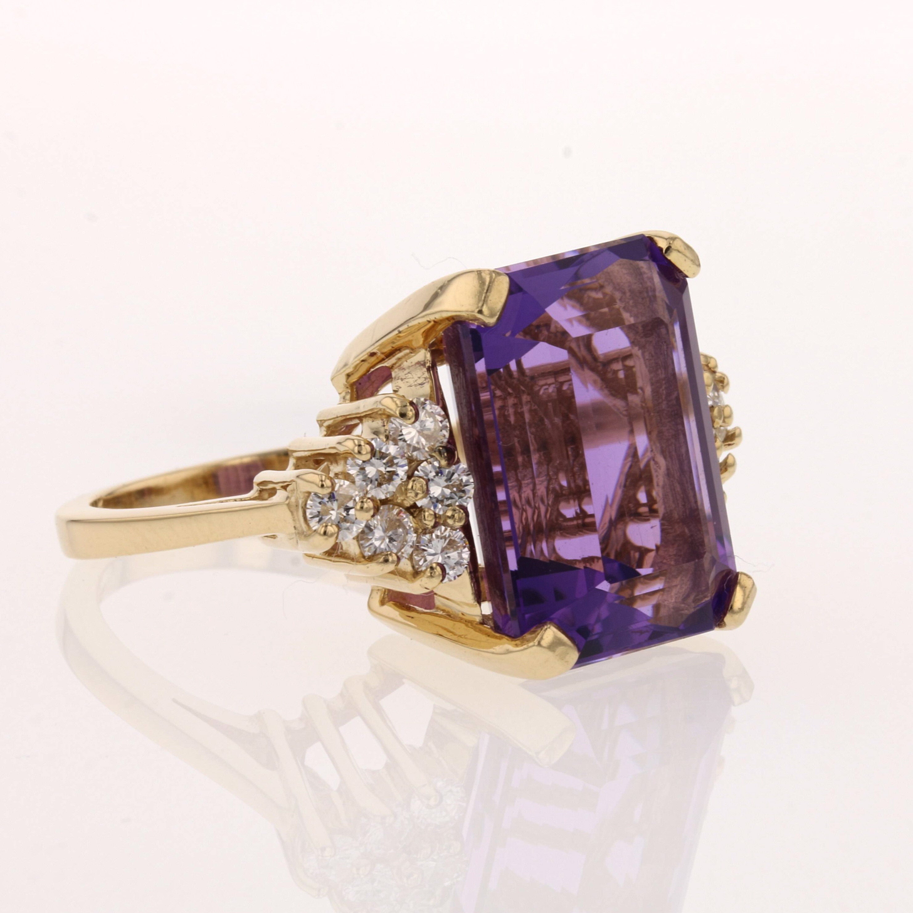 Yellow Gold Emerald Cut Purple Amethyst and Diamond Ring - David's Antiques & Jewelry