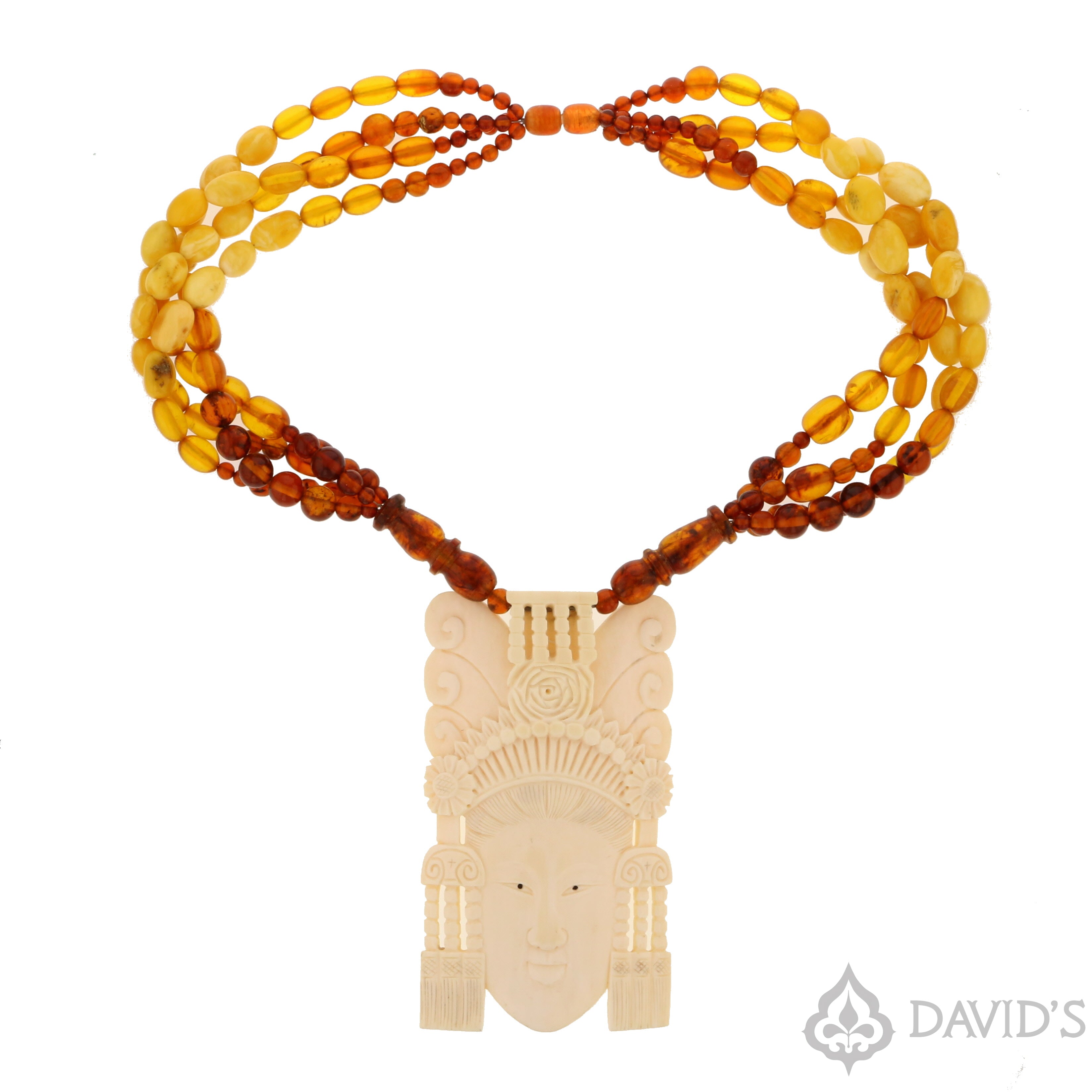 Multistring Baltic Amber Beads Necklace with Carved Ivory Guan Yin Center Piece - David's Antiques & Jewelry