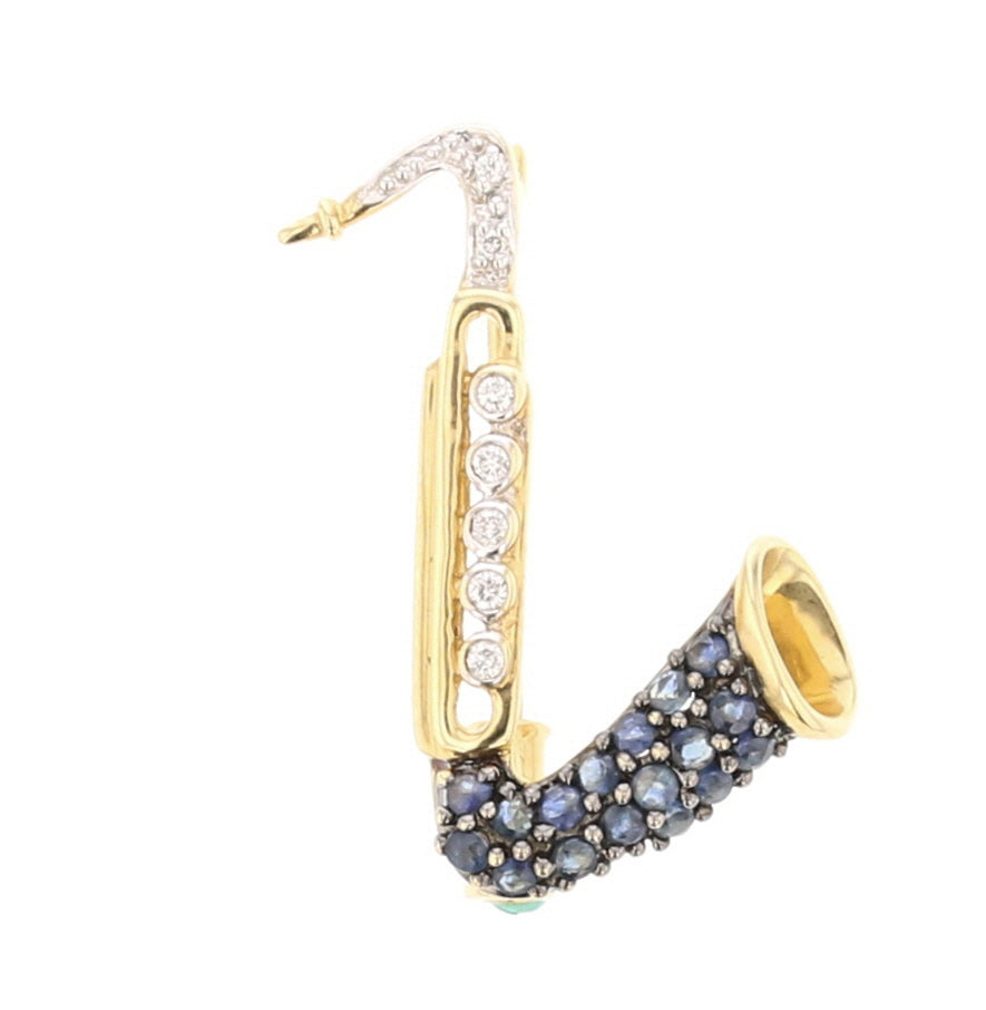 Vintage Sapphire and Diamond Saxophone Brooch in Yellow Gold