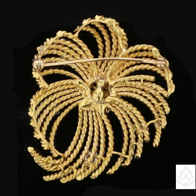 Vintage 18K Yellow Gold Miner Cut Diamond Brooch with Ruby Accents