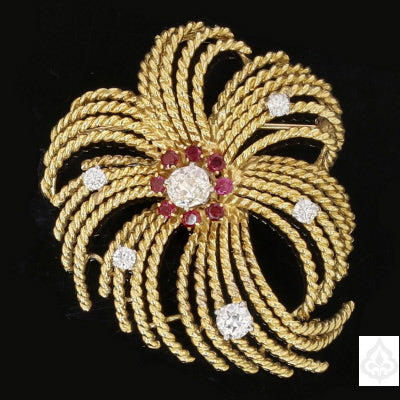 Vintage 18K Yellow Gold Miner Cut Diamond Brooch with Ruby Accents