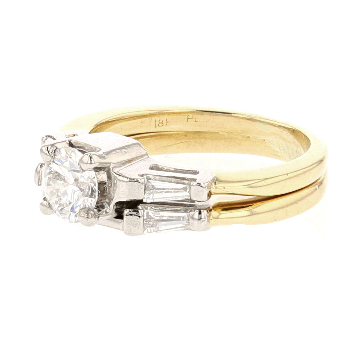 Timeless 18K Gold Round Diamond and Rectangular Side Stone Ring